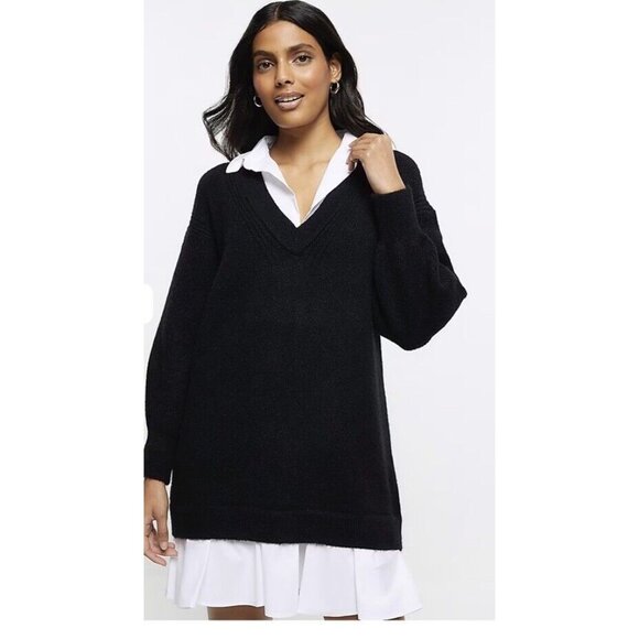 Rio & Rian Black Knit Midi Sweater Sz L Dress with Button Down White Blouse NWT - Picture 3 of 16